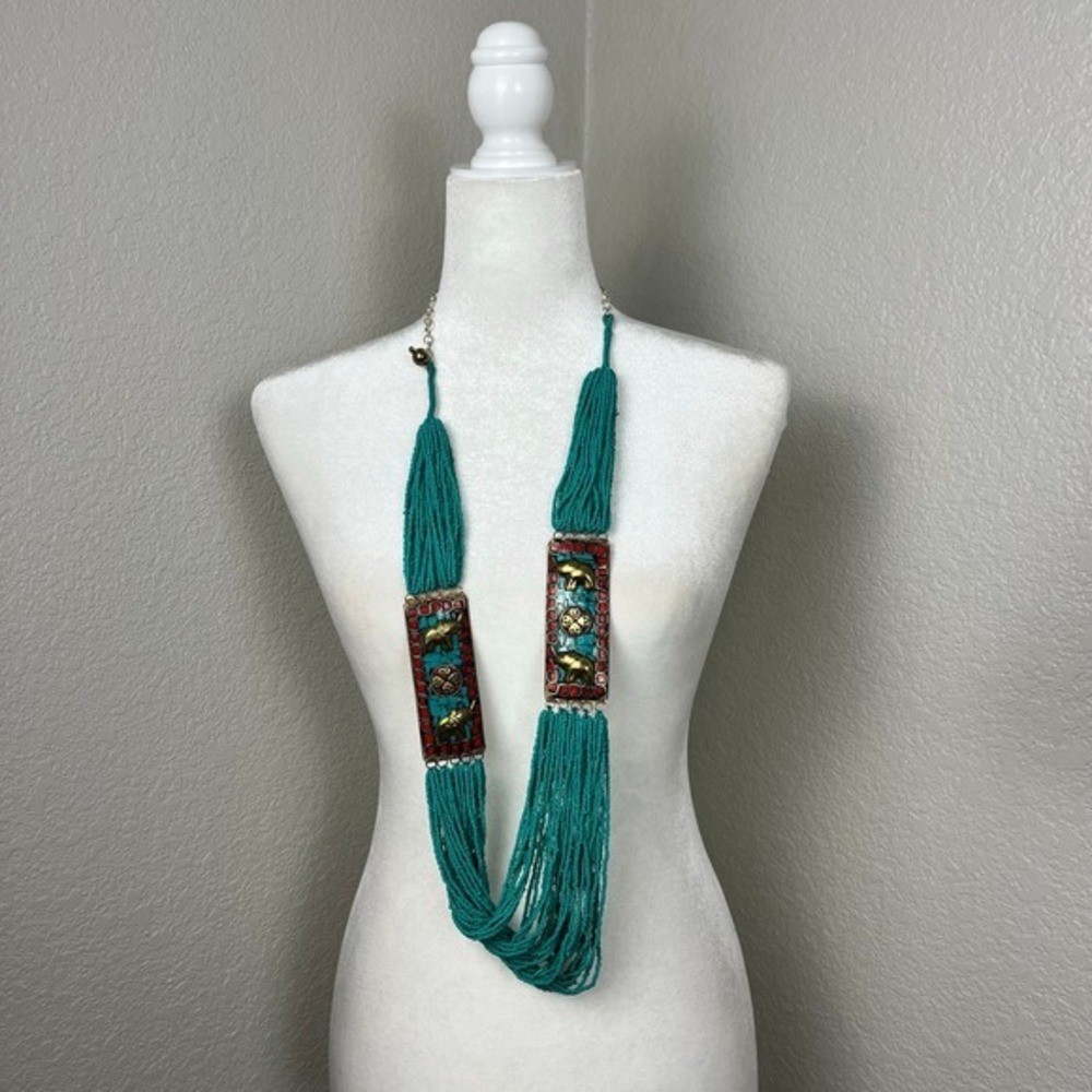 Vtg Chunky Necklace Womens Long Beaded Turquoise Color Brass‎ Elephant Boho Art